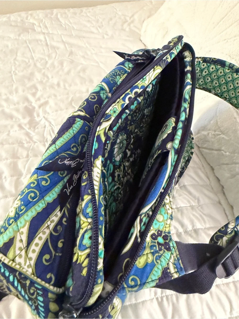 Vera Bradley Navy Floral Paisley Quilted Backpack with Teal & Green Accents